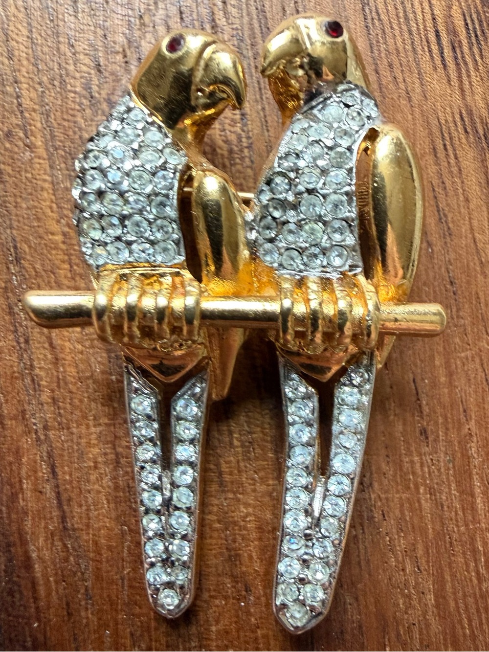 Vintage AFJ Gold Tone Parrot Brooch Pin with Clear Rhinestone and Red Eyes Pair